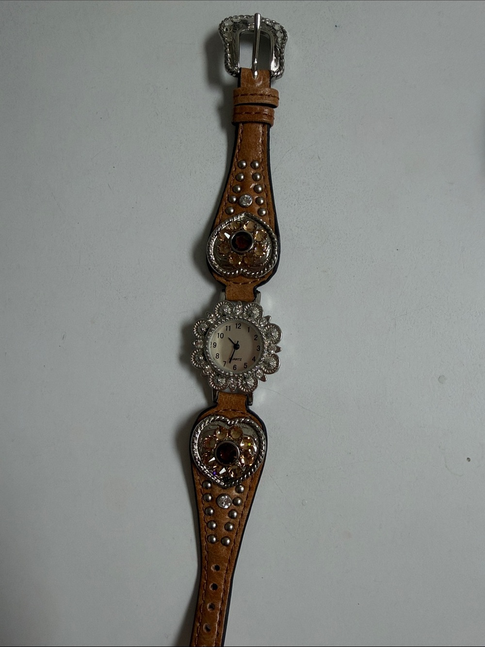 Source Unknown Brown Leather Wristwatch Silver-Tone Floral Bezel needs battery